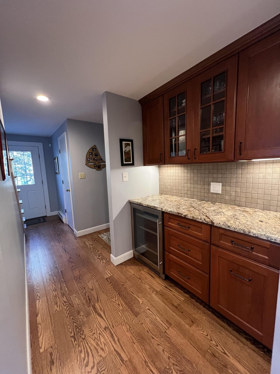 Coffee bar and wine fridge.