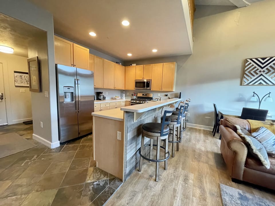 Bright kitchen.  Well stocked.