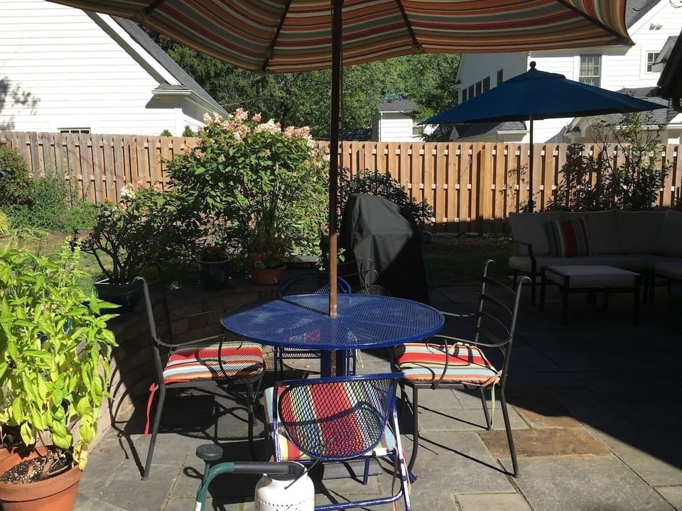 Dining area on blue stone patio