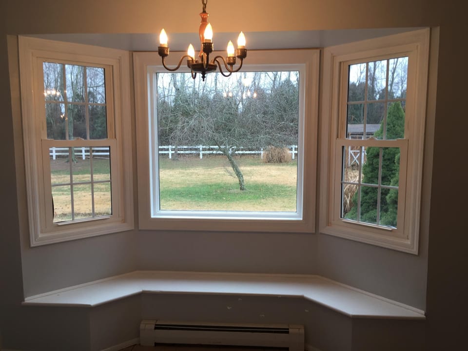Bay window in kitchen that overlooks bacykard