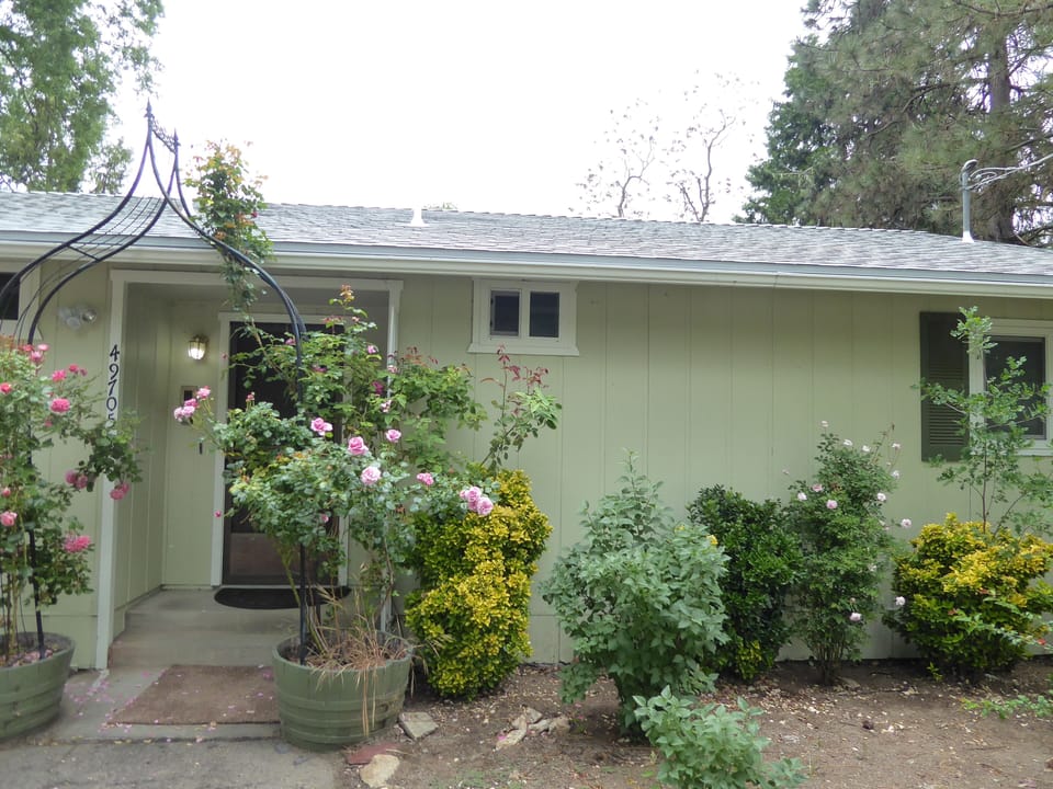 Front door to the Bungalow through the rose arch way.