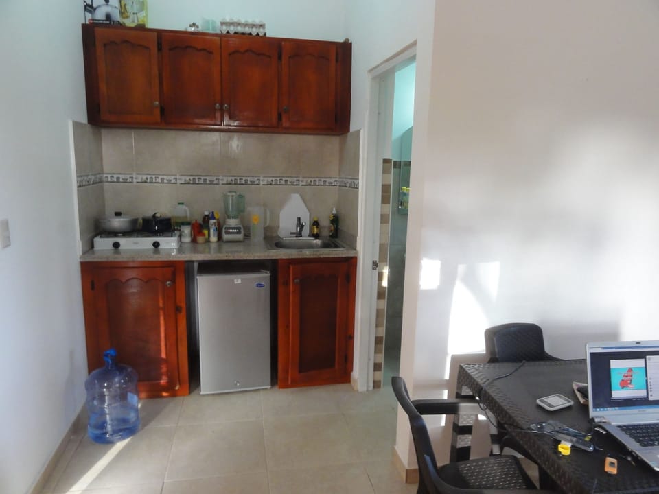 The kitchenette offers a fridge and cooktop