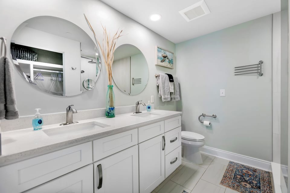 Relax in this remodeled Ensuite Spa Primary Bath. Hair Dryer included.