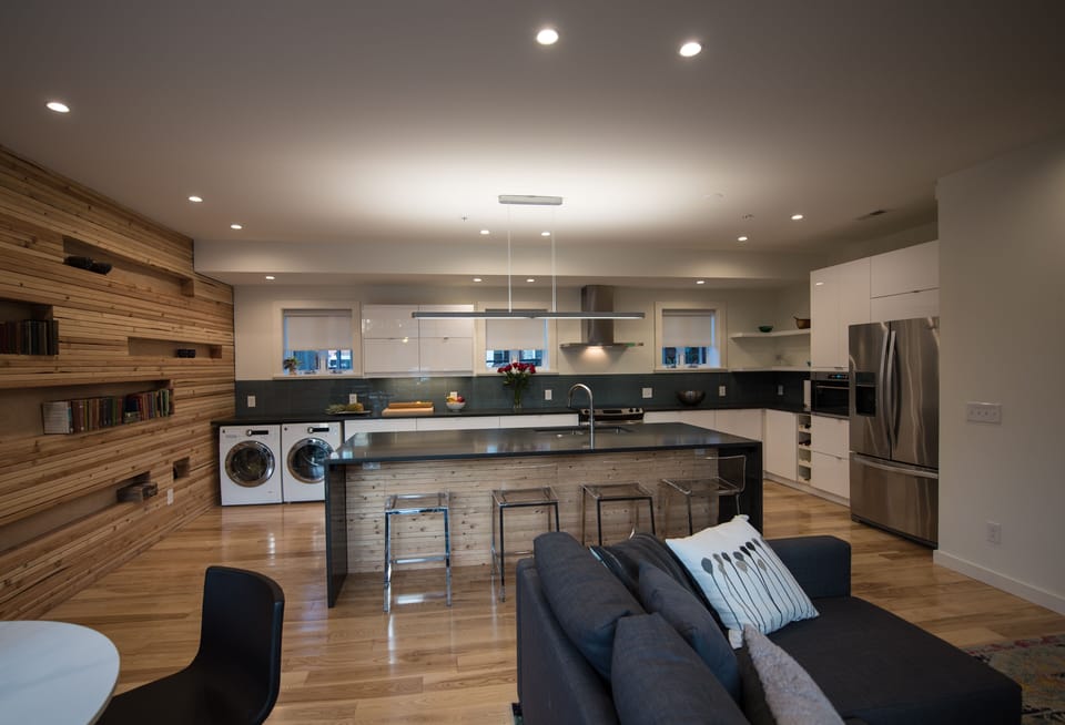 Modern, open kitchen and living room