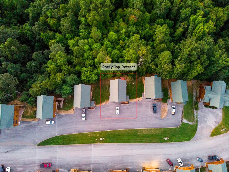 Aerial view with plenty of parking 
