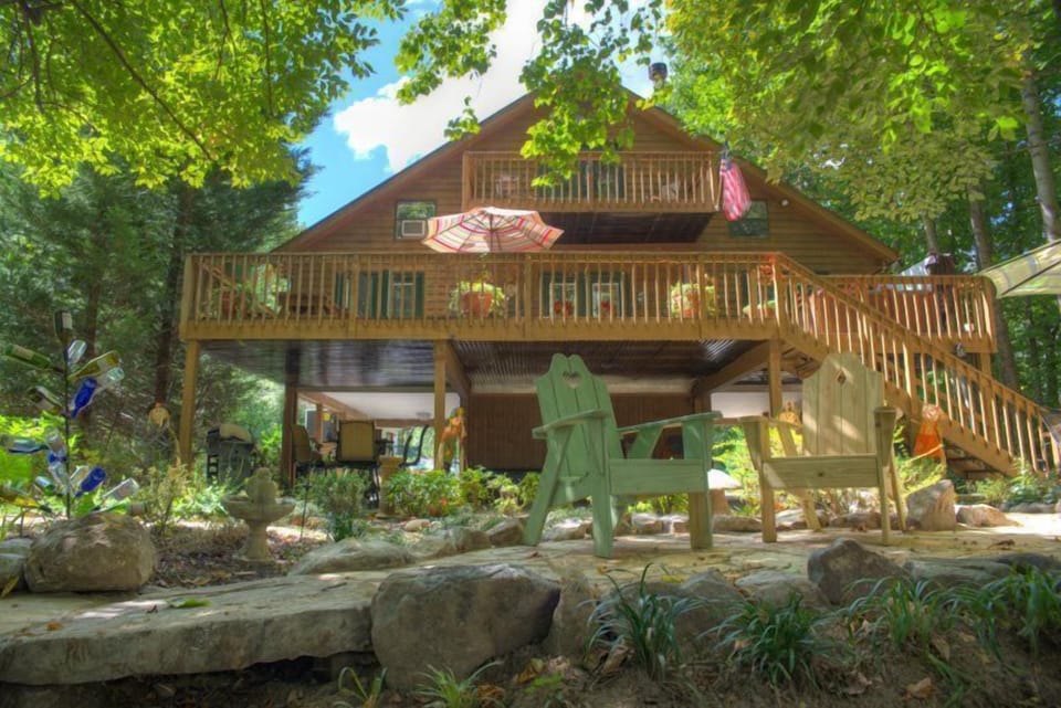 Views of the river from the balcony, deck, and patio.