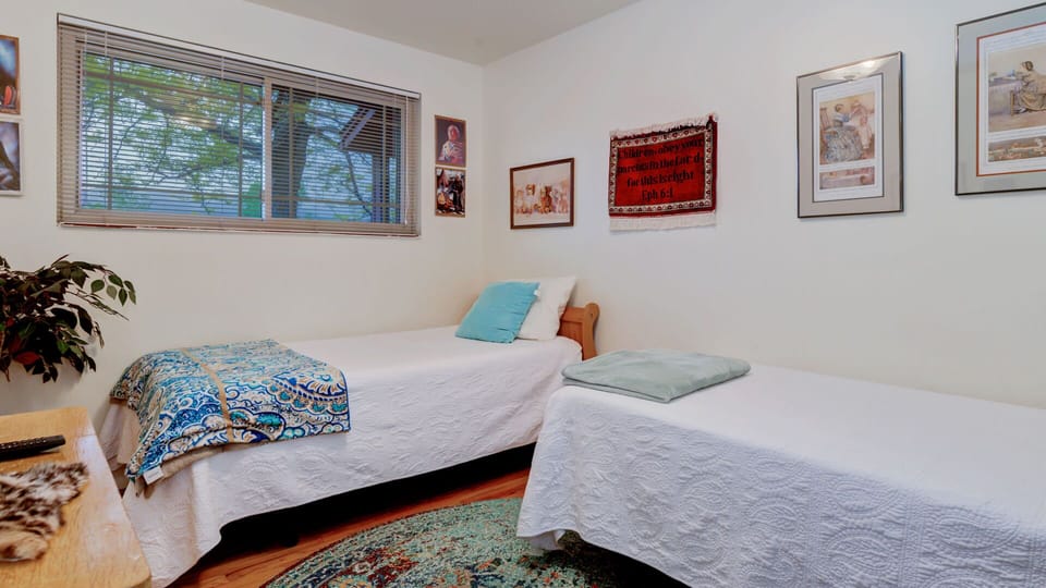 Two twin beds, a gaming tv an a huge picture window. 