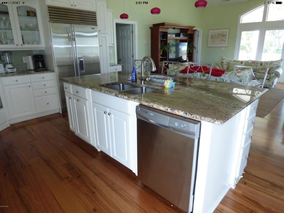 Kitchen island with view of living room

