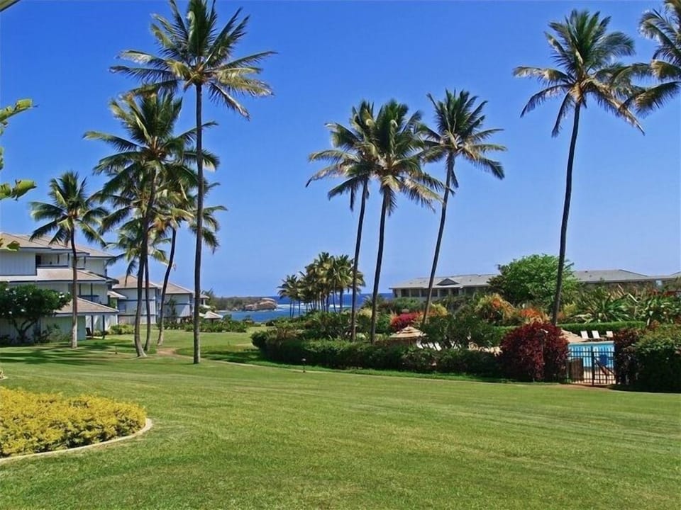 The spacious lanai has a view of the ocean as well as the pool.