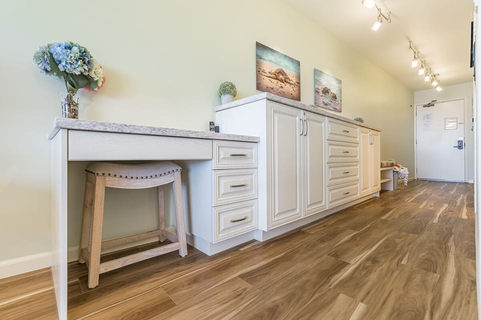 Built in desk - free WiFi and long distance calling to US and Canada.