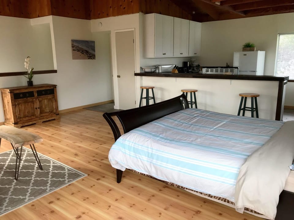 Bedroom open space, kitchen view, counter, chairs, fridge, drawers, decoration