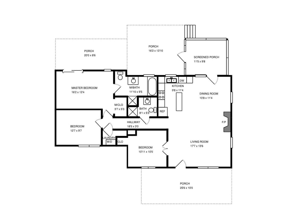 Floor plan of home & outside porch/decks. Easy one level living.