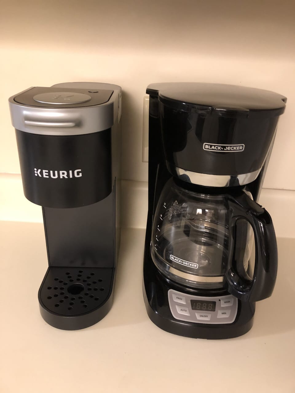 We have a regular coffee maker and a single serve Keurig for your convenience.