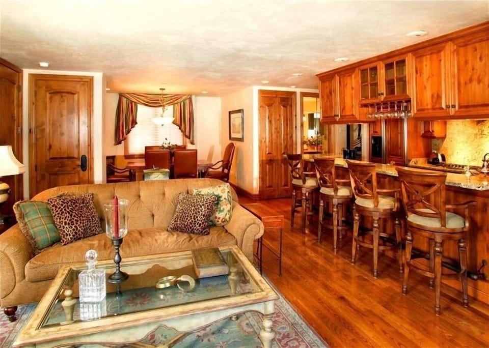 Living room, dining area, bar and kitchen