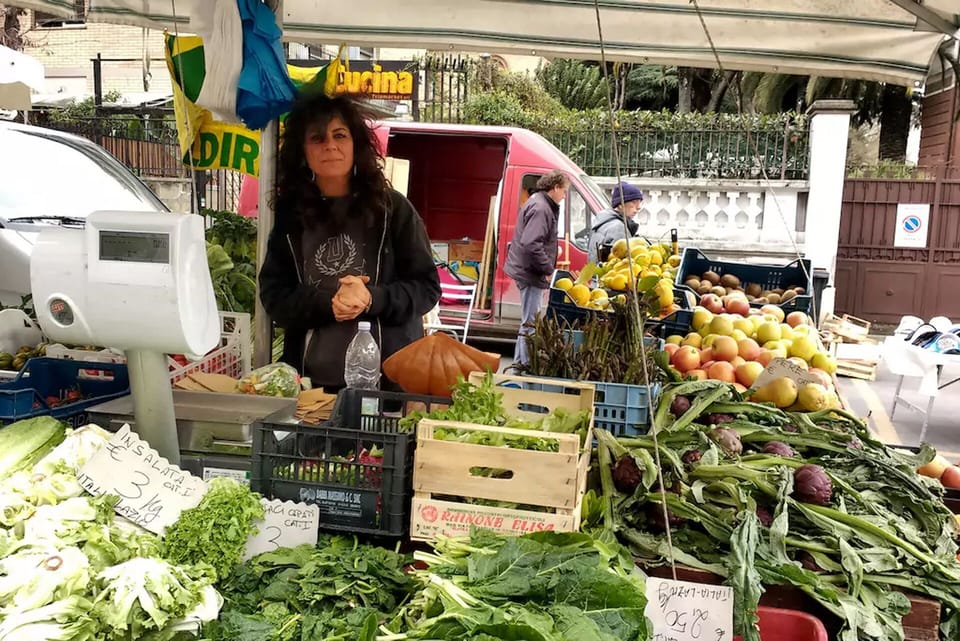 Fresh fruits and vegetables in the openair market downstairs