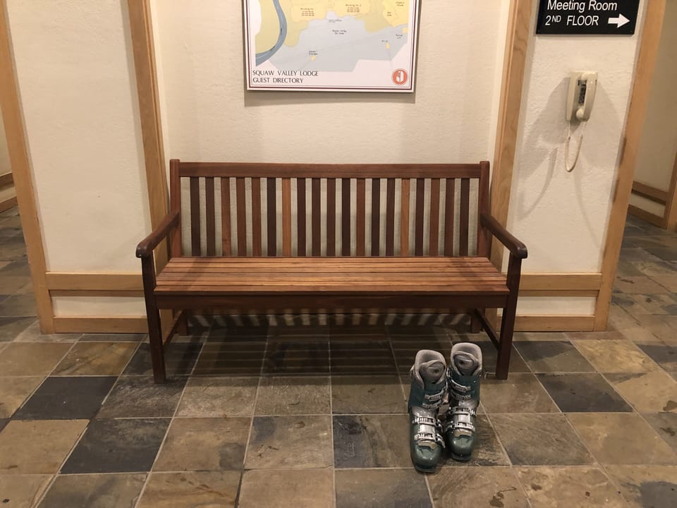 Bench outside our door to change in or out of boots.  Walk out the door to lifts