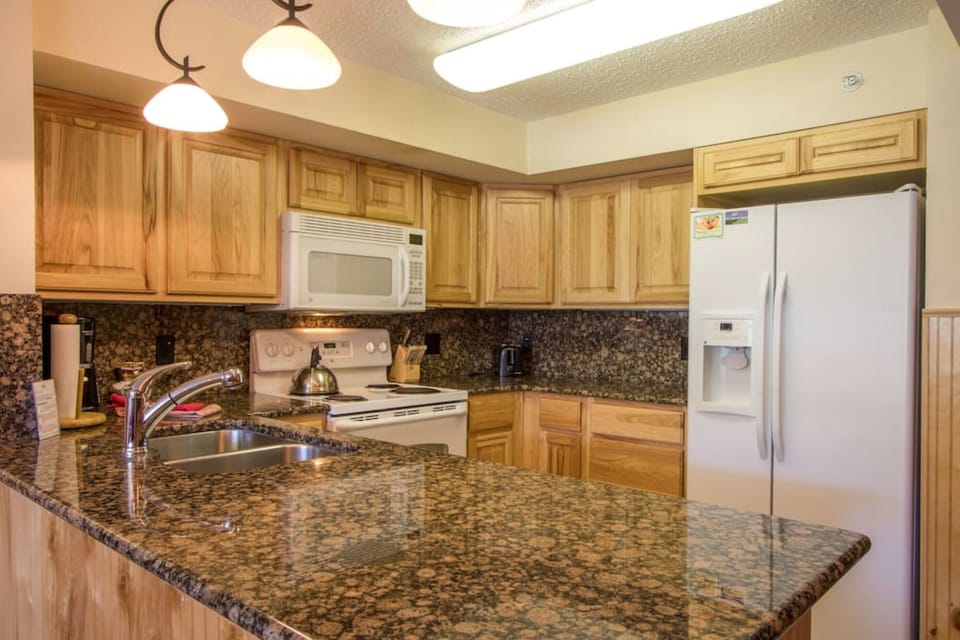 Fully equipped kitchen with dishwasher and ice making refrigerator