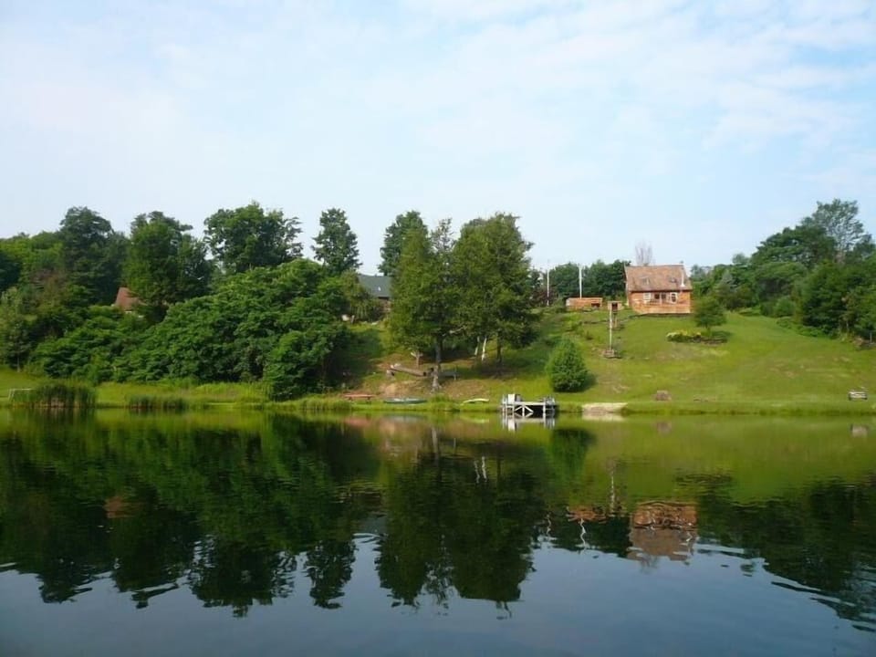 view from lake; our property tucked into trees in the center (not in clearing)