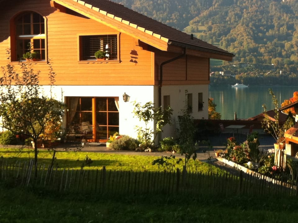 Entrance to the studio with the terrace overlooking Lake Brienz.
