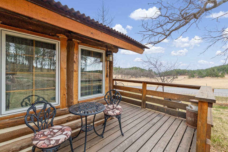 Two black wrought-iron chairs with floral cushions sit beside a matching round table on the wood-plank deck.