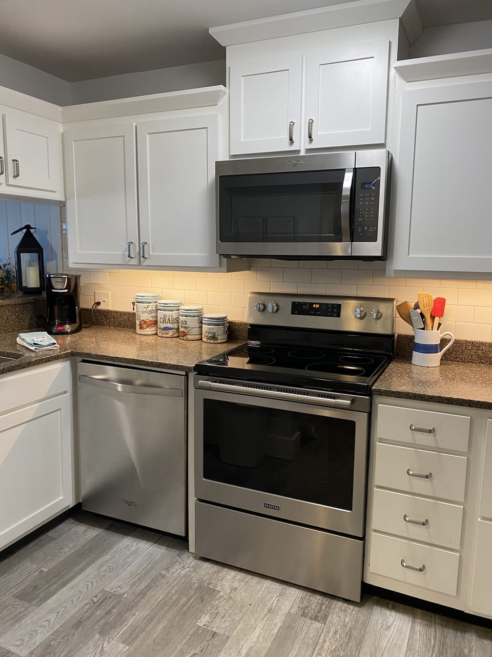 Kitchen with stainless steel appliances.