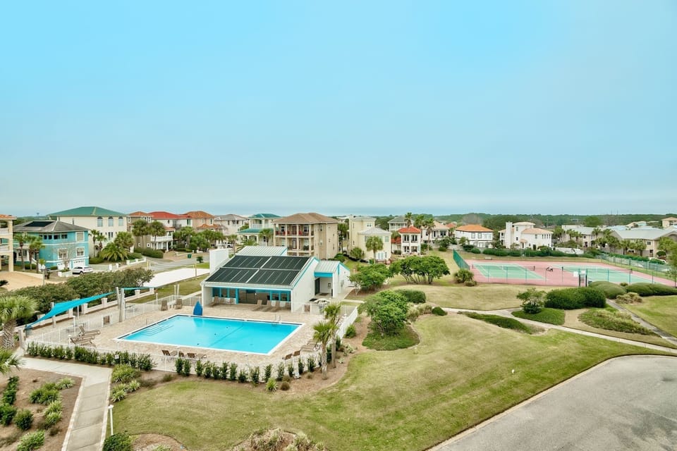 Pool, tennis courts and volleyball areas.