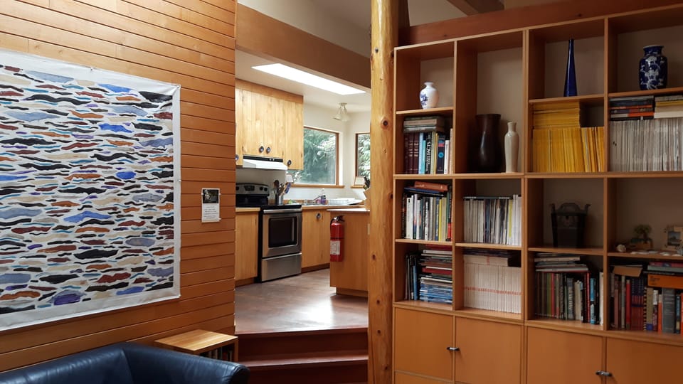 View from living room up to kitchen area