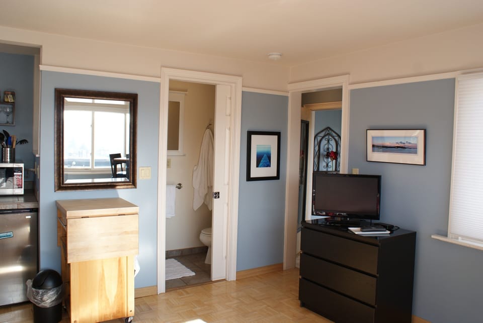 Looking toward bathroom w/pocket door; entrance, TV, bureau and chopping block