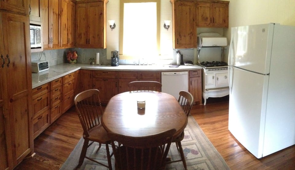 kitchen -stone counter top, micro, toaster, refrig, dishwasher, gas stove/oven