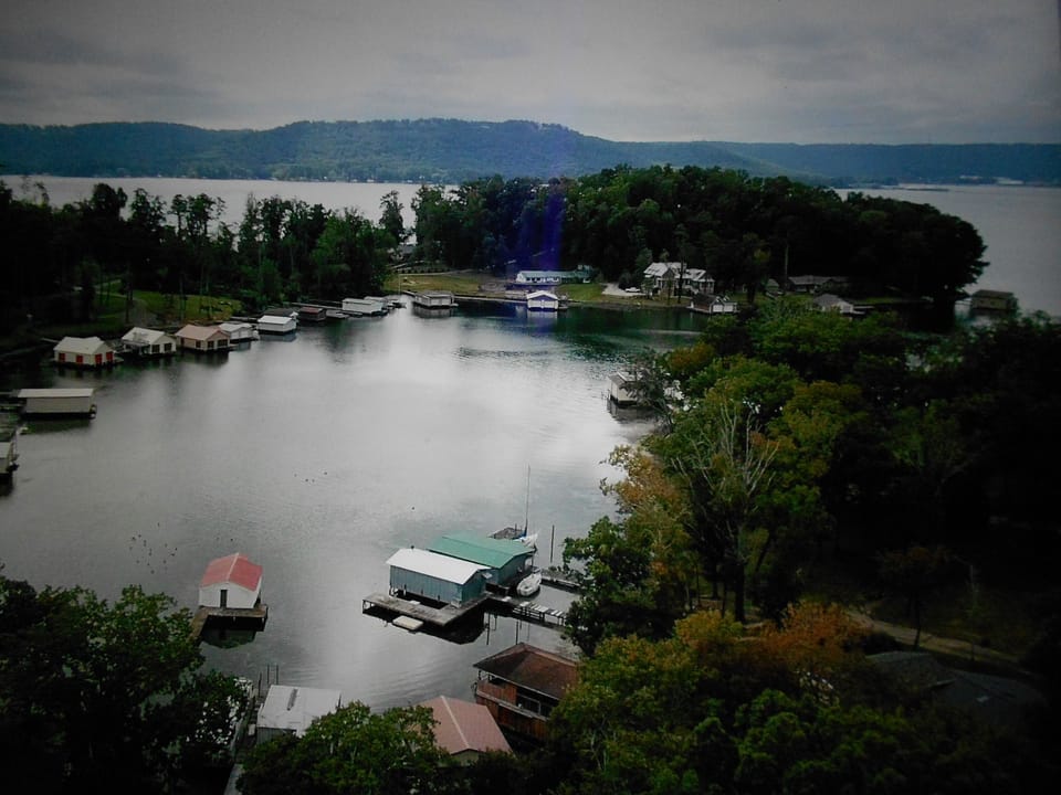 Aerial photo above Honeysuckle Dreams cabin driveway.  Eagles are often seen.