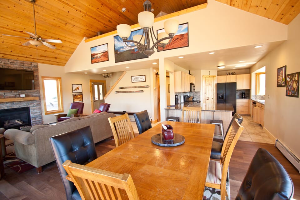 View from dining area to kitchen and loft