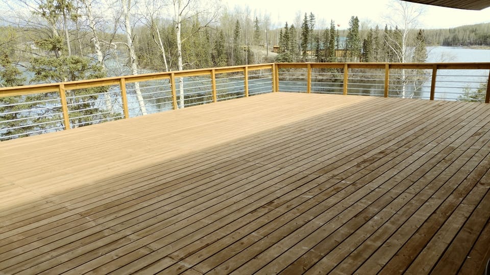 Partially covered lakeside deck