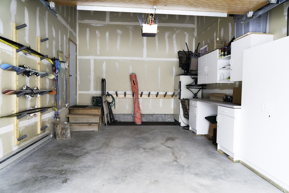 Garage Showing Ski Storage Area and Waxing/Tuning Bench