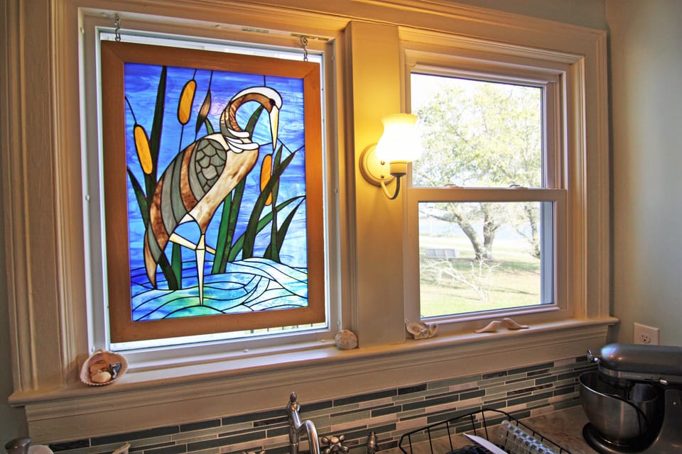 Kitchen window with water view.
