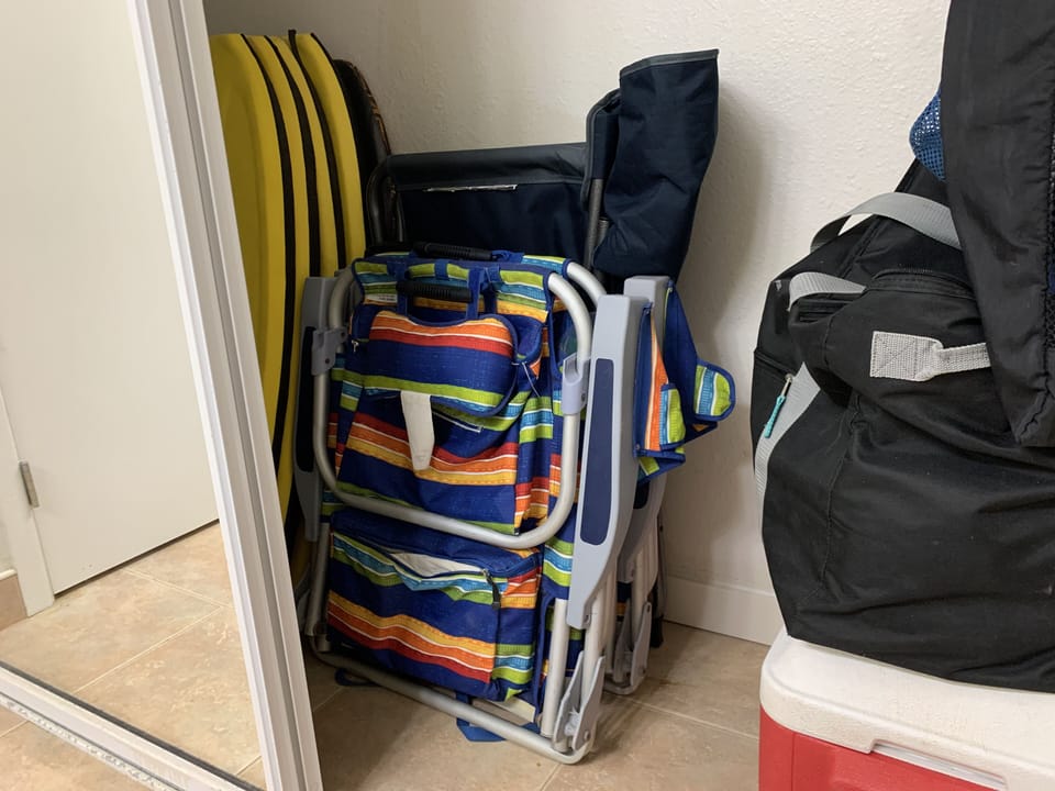 Beach chairs, snorkel gear, cooler, Beach umbrella, Toys in Master bathroom.