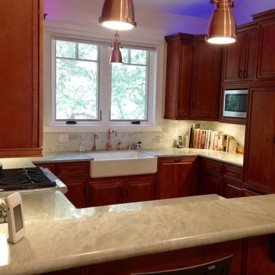 Quartz counter tops, farmers sink, Wolf Stove and more in the  open kitchen