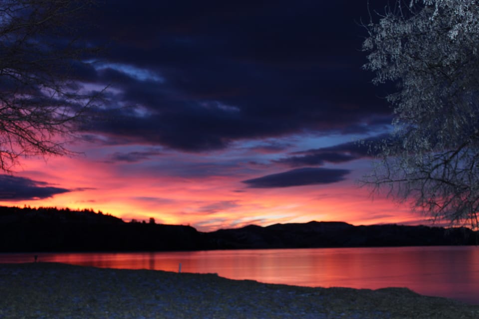 Sunset in winter over the ice