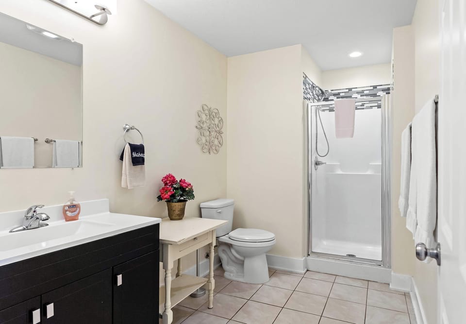 Handicap-friendly full bathroom in Heron's Landing, with step-in shower (bathroom 1 of 4)