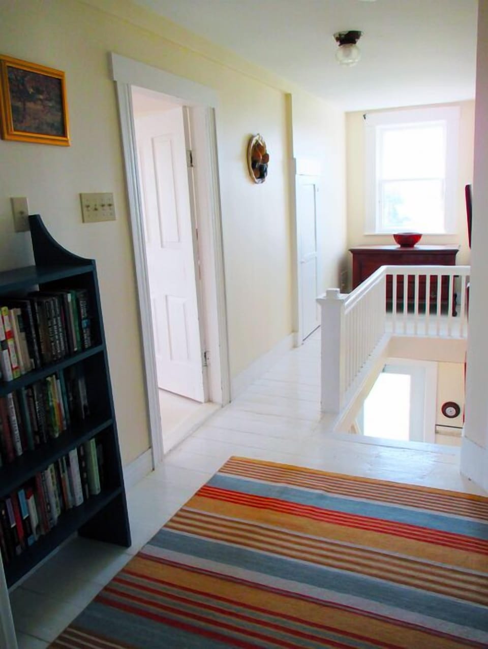 Landing area at the top of the stairs. Books for many interests.  