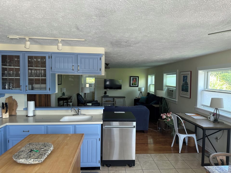 Kitchen and living room view from street entrance.