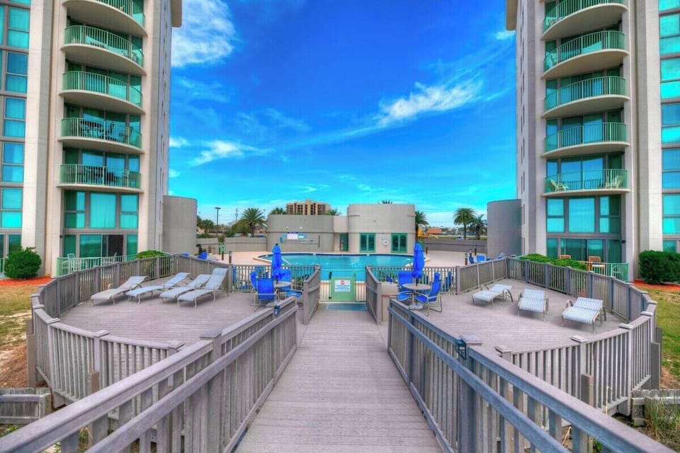 Outer pool deck looking at pool area