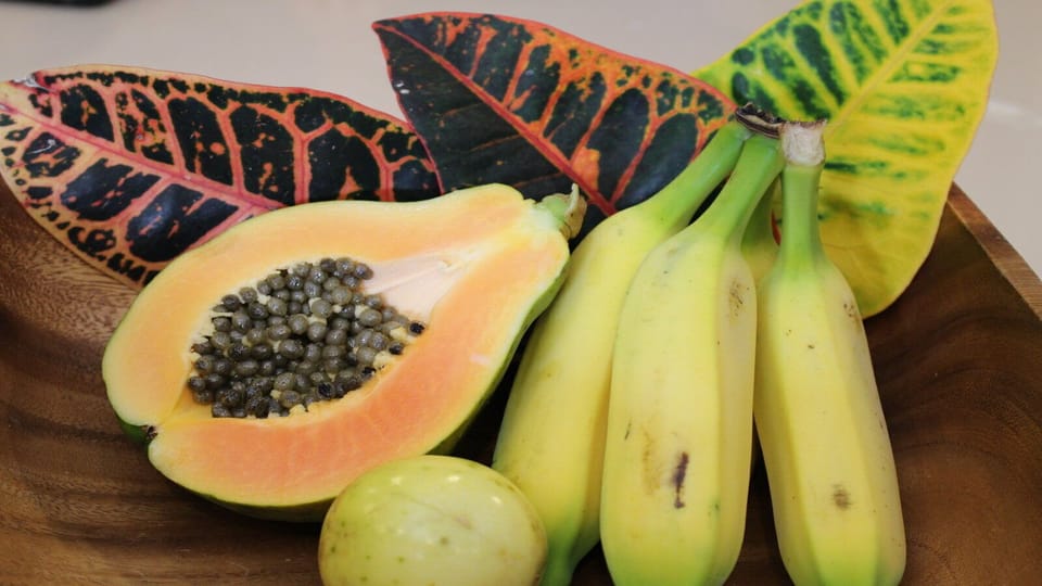 Delicious local fruits- Papaya, lilikoi & apple banans