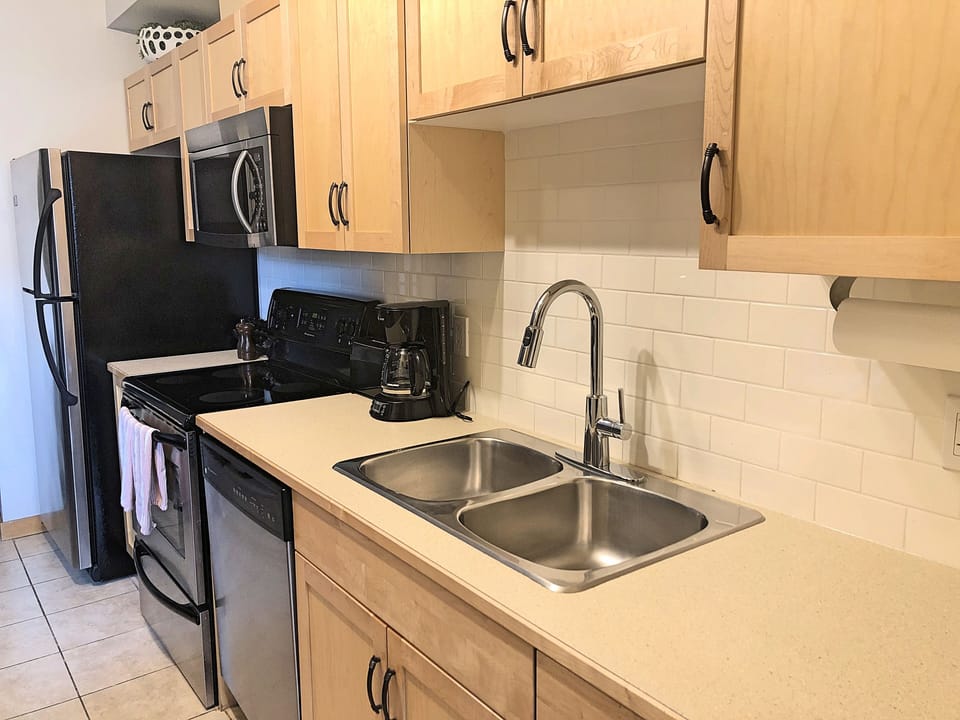 A fully-equipped kitchen for your use with  full-sized appliances