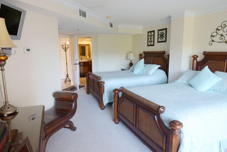 Guest suite with queen size beds, tv, and bath