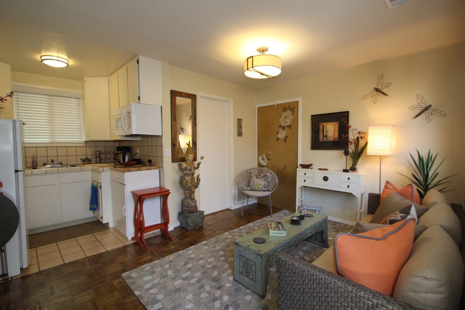 Zen Guest Cottage - Living room/kitchenette, & door to bathroom