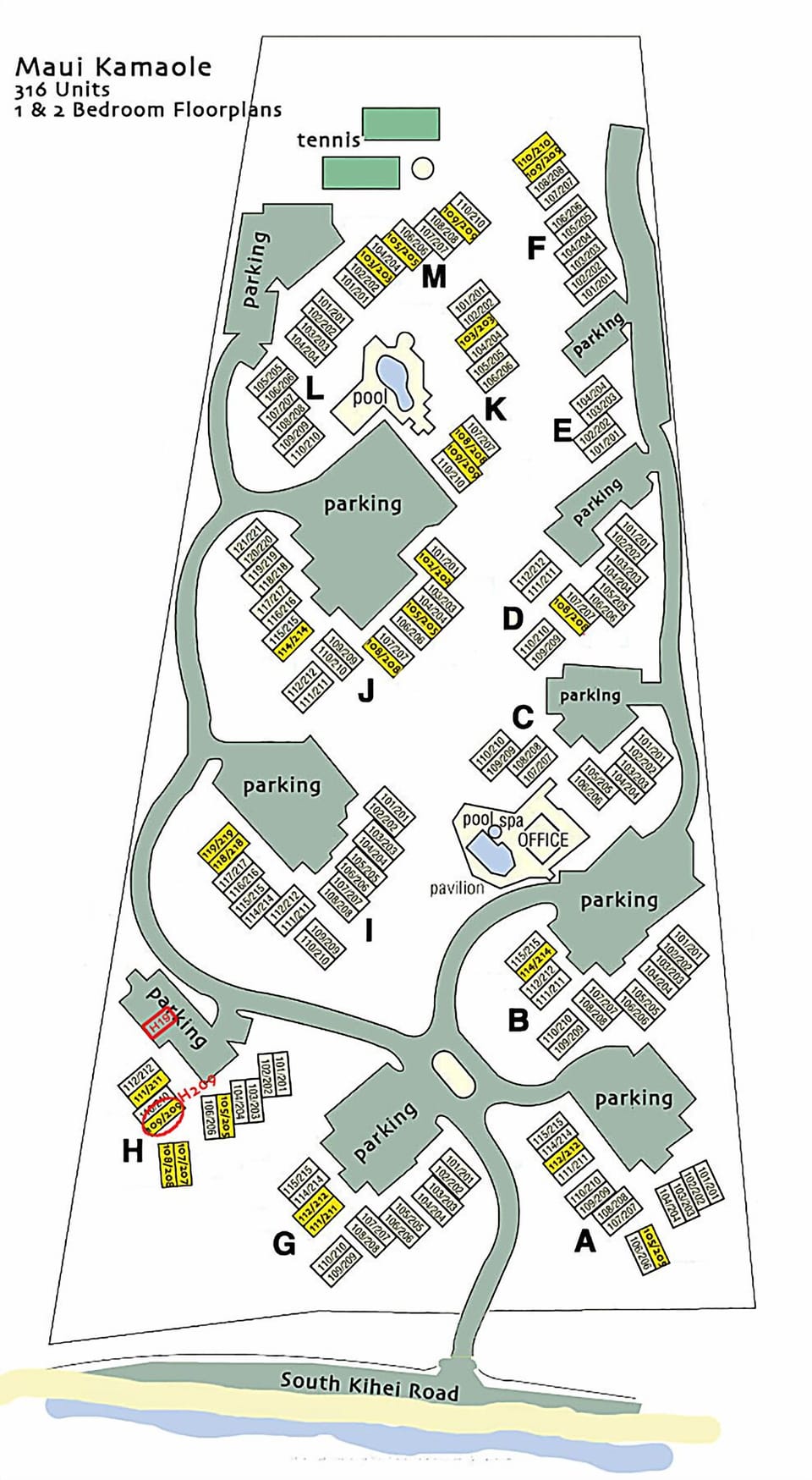 Maui Kamaole Map with Ocean view H209 and parking H19 in red.
