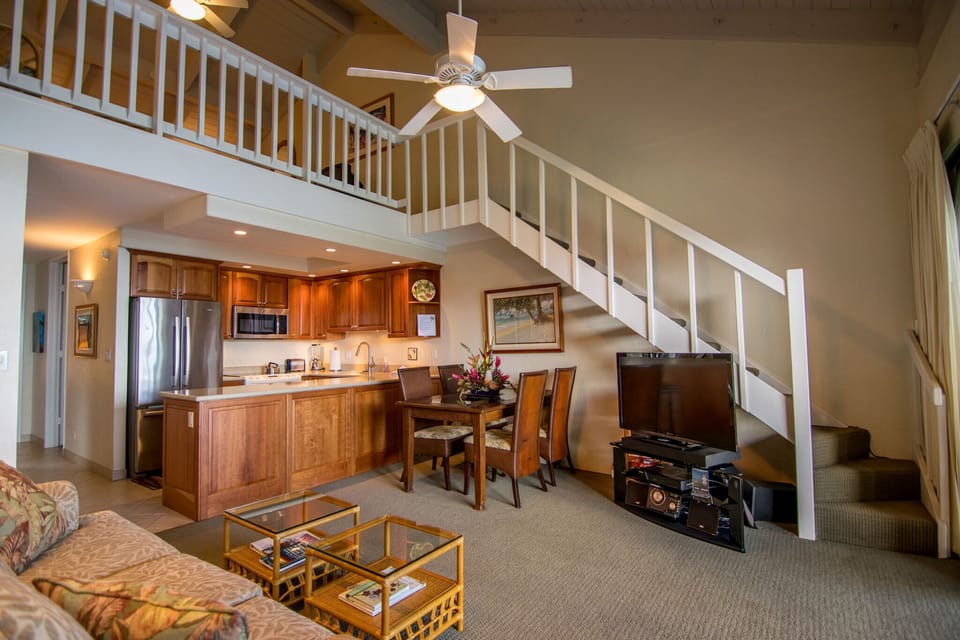 Living/dining area and the kitchen.