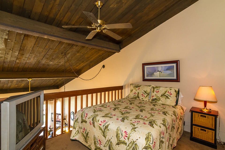 Loft open to living room with full-size bed, TV (DVD viewing only)