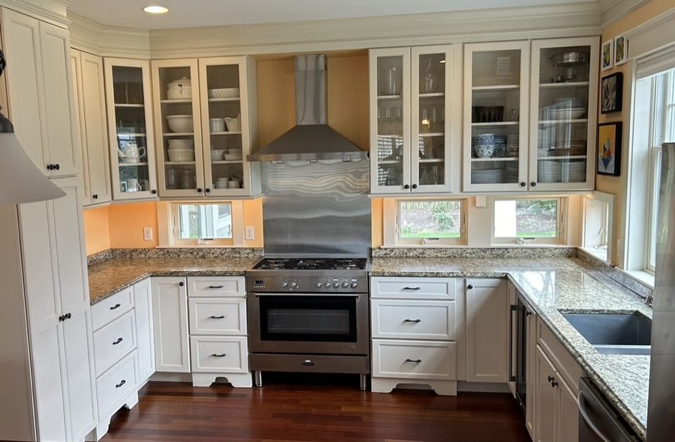 Kitchen with [ocket windows overlooking koi pond.