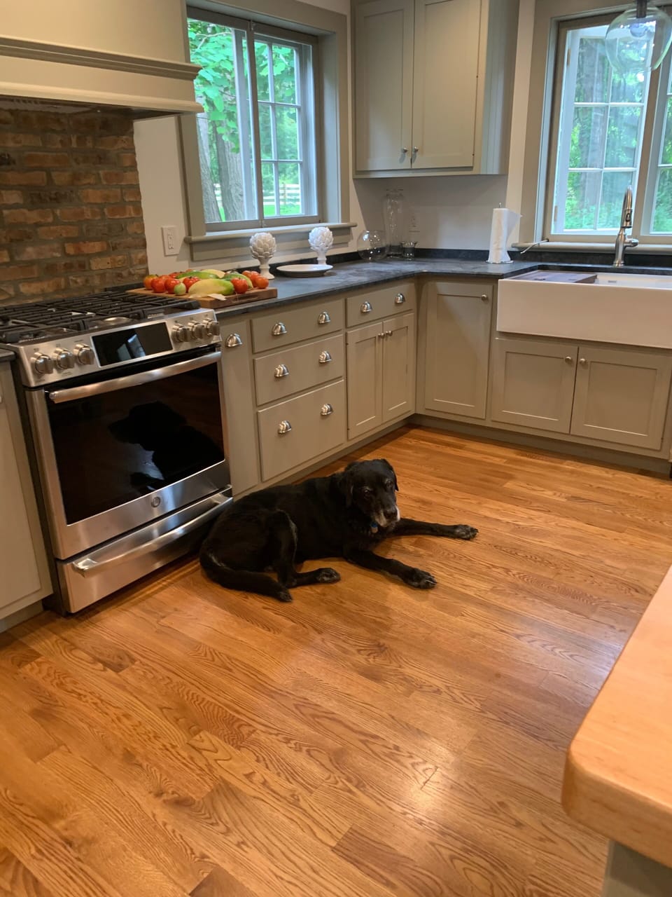 Lounging in newly expanded and renovated high end kitchen